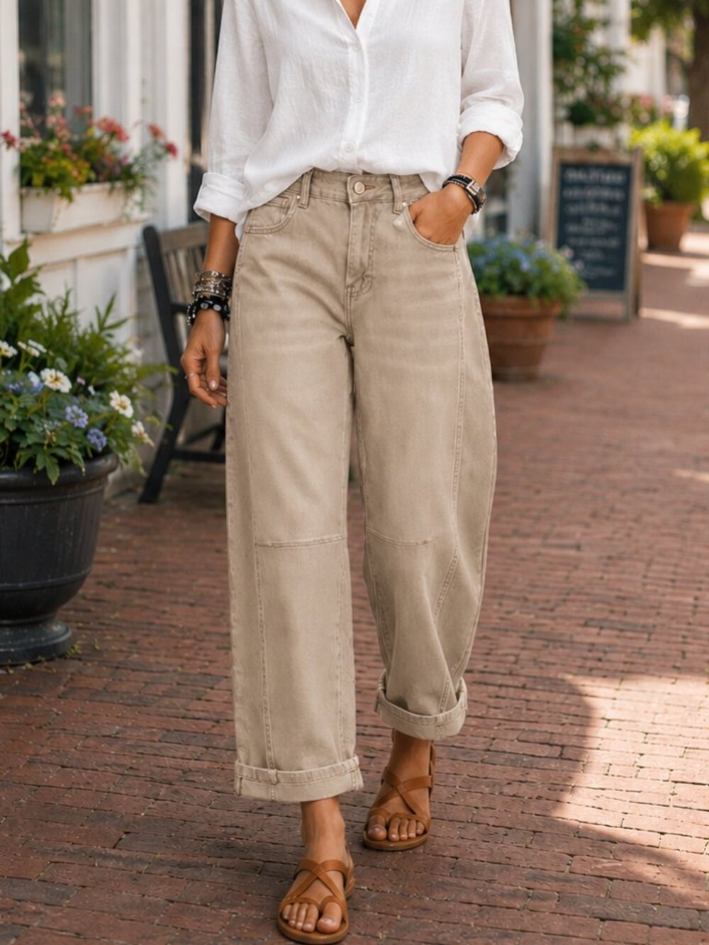 Zenana Khaki Tan Barrel Leg Jeans High Rise Cuffed Wide Leg Denim Pants NWT